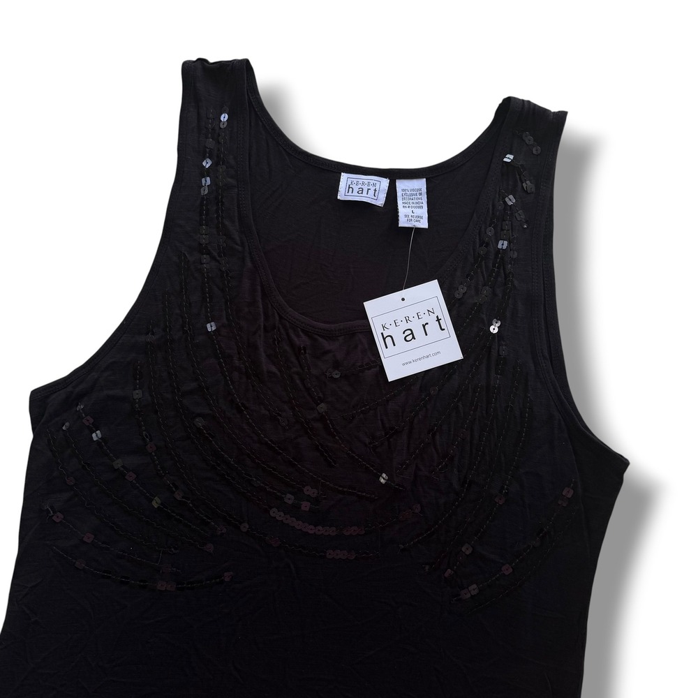 Keren Hart Women's L Black Sequins Viscose Longline Tank Top Tunic 22043 Y2K NWT